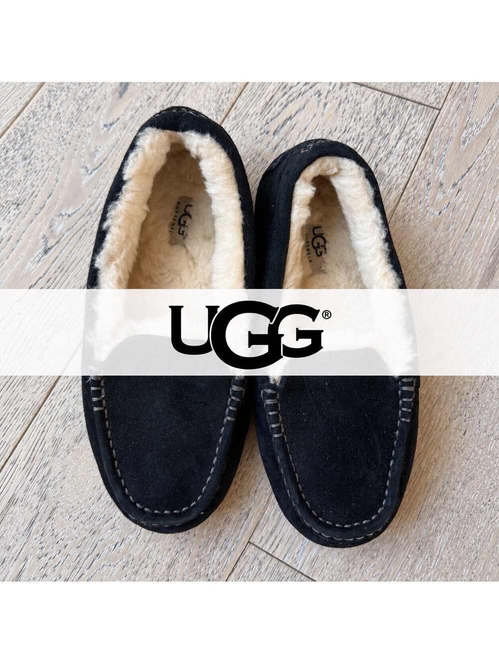 UGG Black Suede Shearling Lined Moccasin Slippers Size 8 US